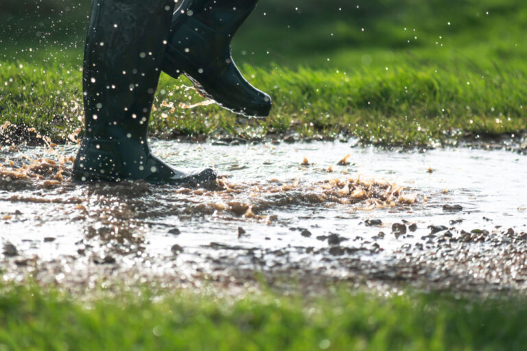 מגפיים של ילד בשלולית בוץ באמצע הדשא