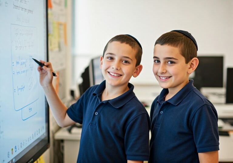 2 ילדים דומים כותתבים בלוח הכיתה